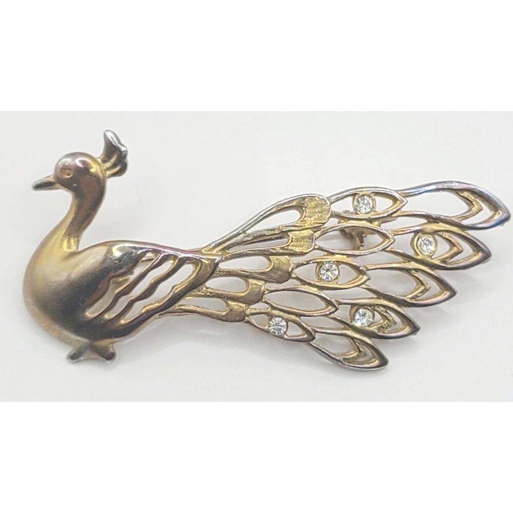 Vintage Peacock Brooch Pin Gold-Tone With Rhinestones MCM